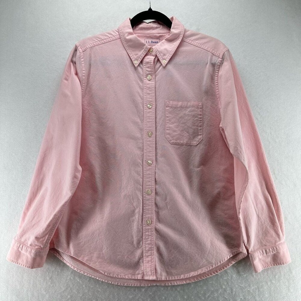 LL BEAN Top Womens Size M Shirt Button Front Long Sleeve Cotton Woven Pink